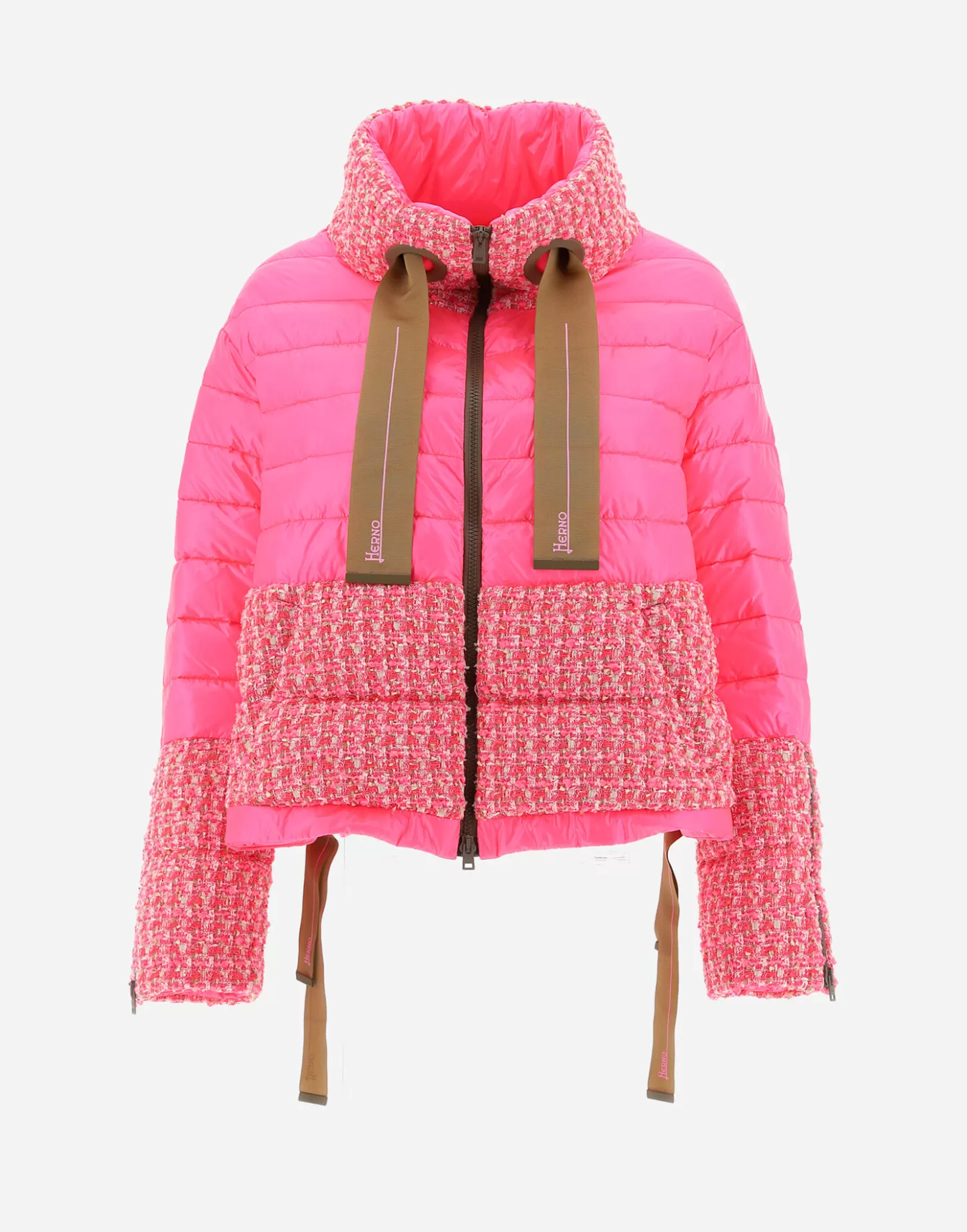 Kurze Daunenjacken-Herno Bomberjacke Aus Fashion Boucle & Nylon Ultralight Kamelbraun/Neonrosa