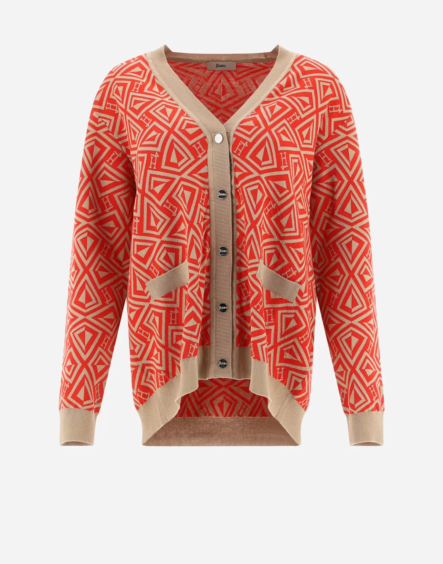 Pullover & Strickjacken-Herno Cardigan Aus Geometric Monogram Jacquard Rot/Kamelbraun