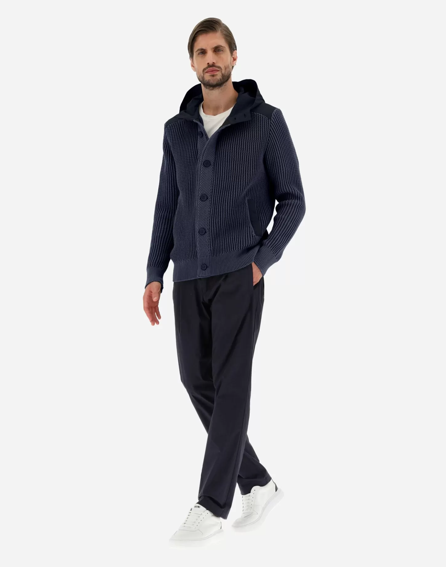 Bomber-Herno Cardigan Aus Zig-Zag Stitch & Plaster Marineblau