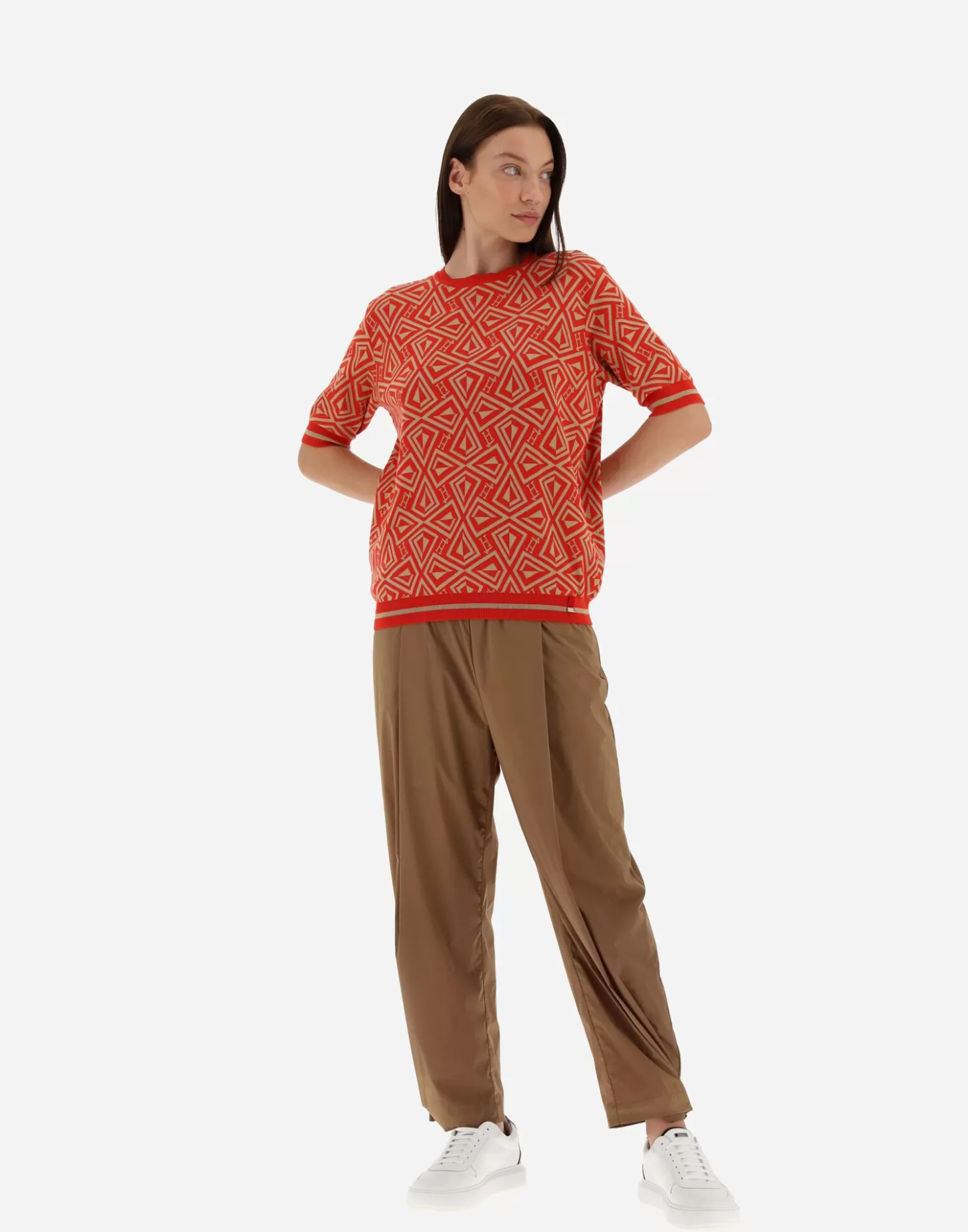 T-Shirts-Herno T-Shirt Aus Geometric Monogram Jacquard Rot/Kamelbraun